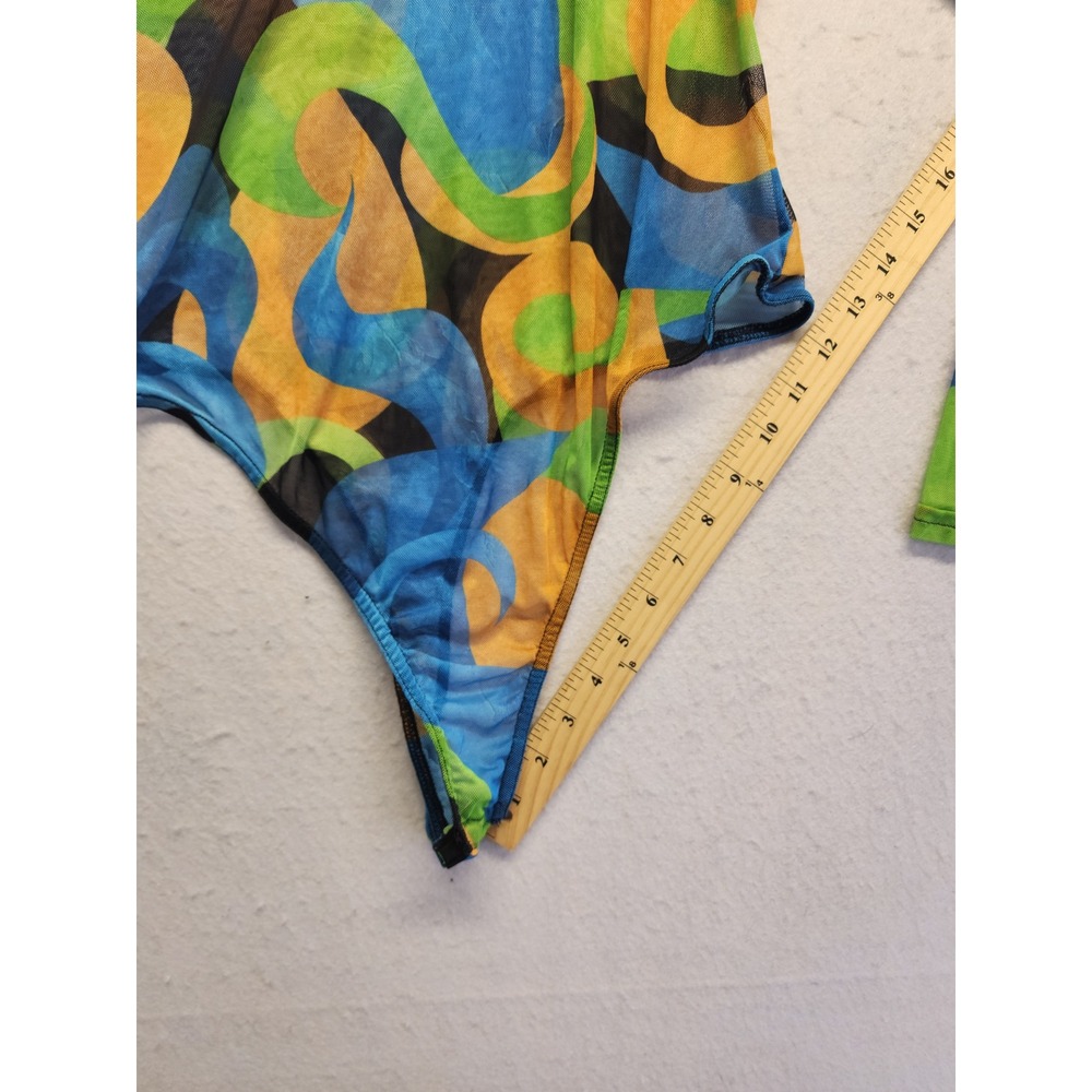 PrettyLittleThing Womens Blue Green Orange Abstract Mesh Long Sleeve Bodysuit - Picture 2 of 9